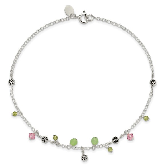 Sterling Silver 9in Pink Crystal Green Quartz Peridot Beads Anklet, 9 inches - Picture 5 of 8